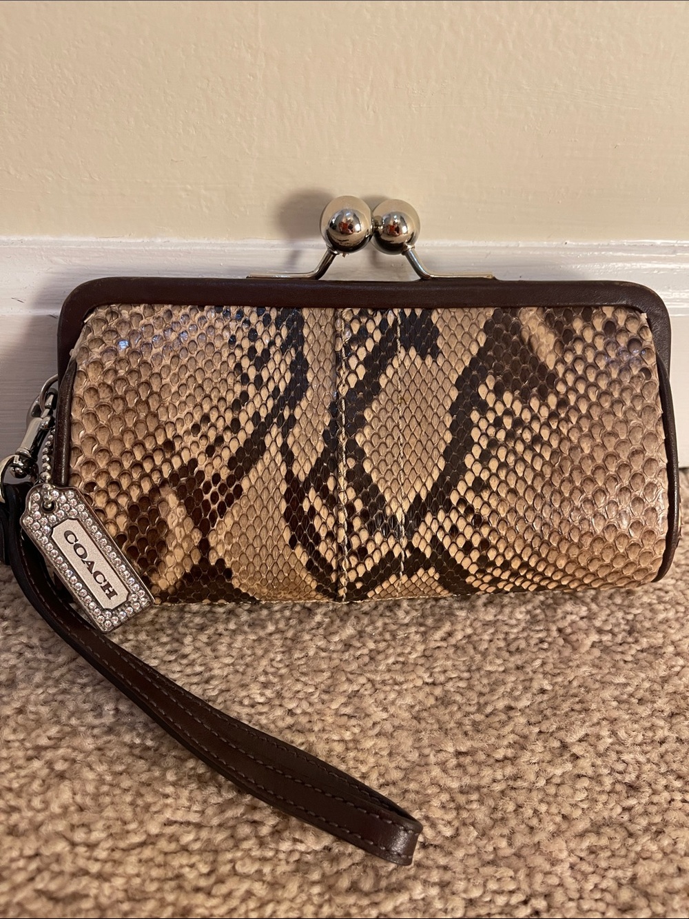 Coach Snake-Print Wristlet Clutch - Brown with diamond crusted hang tag